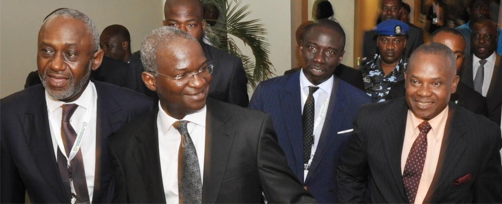 Former SBL Chairman, Gbenga Oyebode, MFR, Babatunde Raji Fashola, SAN, SBL Chairman, Asue Ighodalo, and the founding Chairman of NBA-SBL, George Etomi, during the 2014 SBL Annual Business Conference at the Eko Hotel & Suites, Lagos