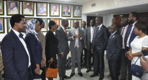 The Chief Executive Officer of NSE, Oscar Onyema; TCCP Chairman of the 2017 NBA-AGC, Koyinsola Ajayi, SAN; NBA President, A.B. Mahmoud, SAN and a number of Executive Committee members during the visit to the Nigerian Stock Exchange on Thursday 17th of August, 2017. 