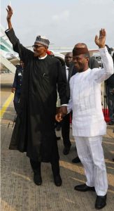 Vice President Yemi Osinbajo welcoming President Muhammadu Buhari back to Nigeria on his arrival from London, on Saturday, August 19, 2017