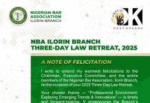 PAST NBA NATIONAL OFFICER, OKEY OHAGBA, SALUTES NBA ILORIN BRANCH ON THE OCASION OF THEIR BRANCH RETREAT IN HONOUR OF PROF. YUSUF ALI, SAN