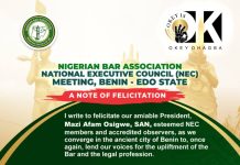 NBA NEC – BENIN: PAST NATIONAL OFFICER, OKEY OHAGBA, FELICITATES NBA PRESIDENT & NEC MEMBERS – PRAYS FOR JOURNEY MERCIES AND FRUITFUL DELIBERATIONS