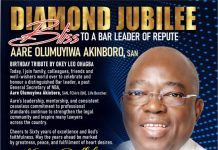 DIAMOND JUBILEE BLISS TO A BAR LEADER OF REPUTE – AARE OLUMUYIWA AKINBORO, SAN – BIRTHDAY TRIBUTE BY OKEY LEO OHAGBA