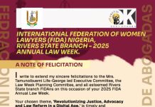 INTERNATIONAL FEDERATION OF WOMEN LAWYERS (FIDA) NIGERIA, RIVERS STATE BRANCH – 2025 ANNUAL LAW WEEK. A NOTE OF FELICITATION – OKEY LEO OHAGBA